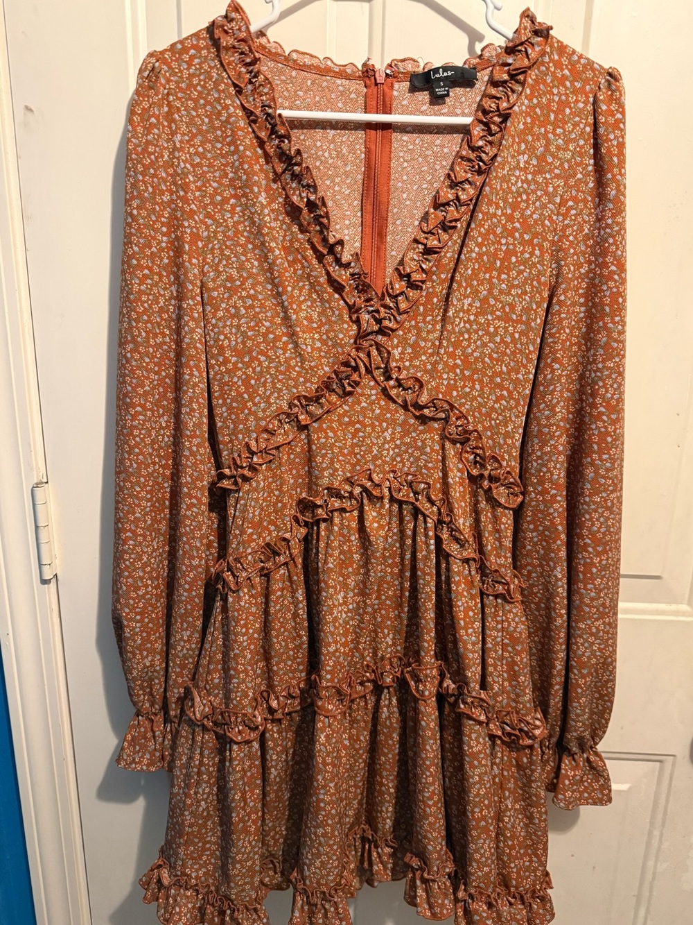 LULU Admire You Orange Floral Print Ruffled Long Sleeve Mini Dress - Picture 4 of 10